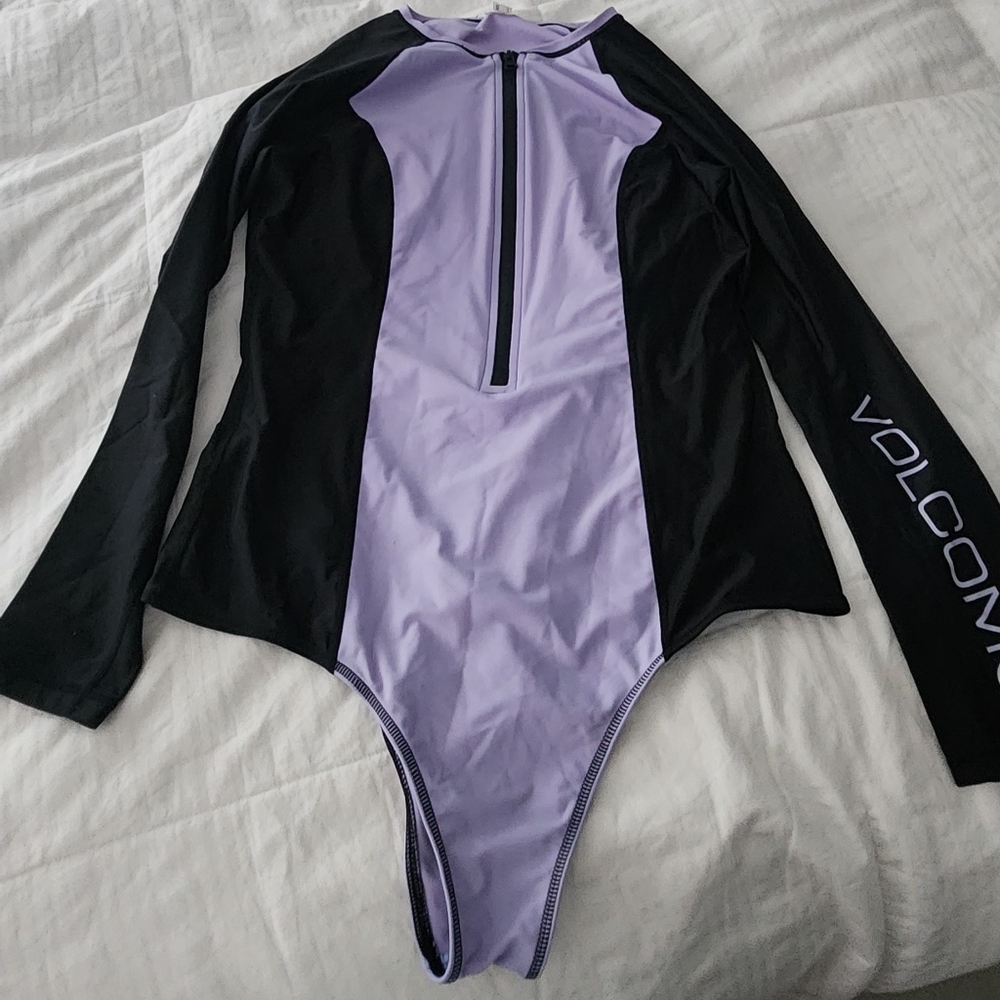 Volcom Black and Purple One Piece Swimsuit with High-Leg Cut
